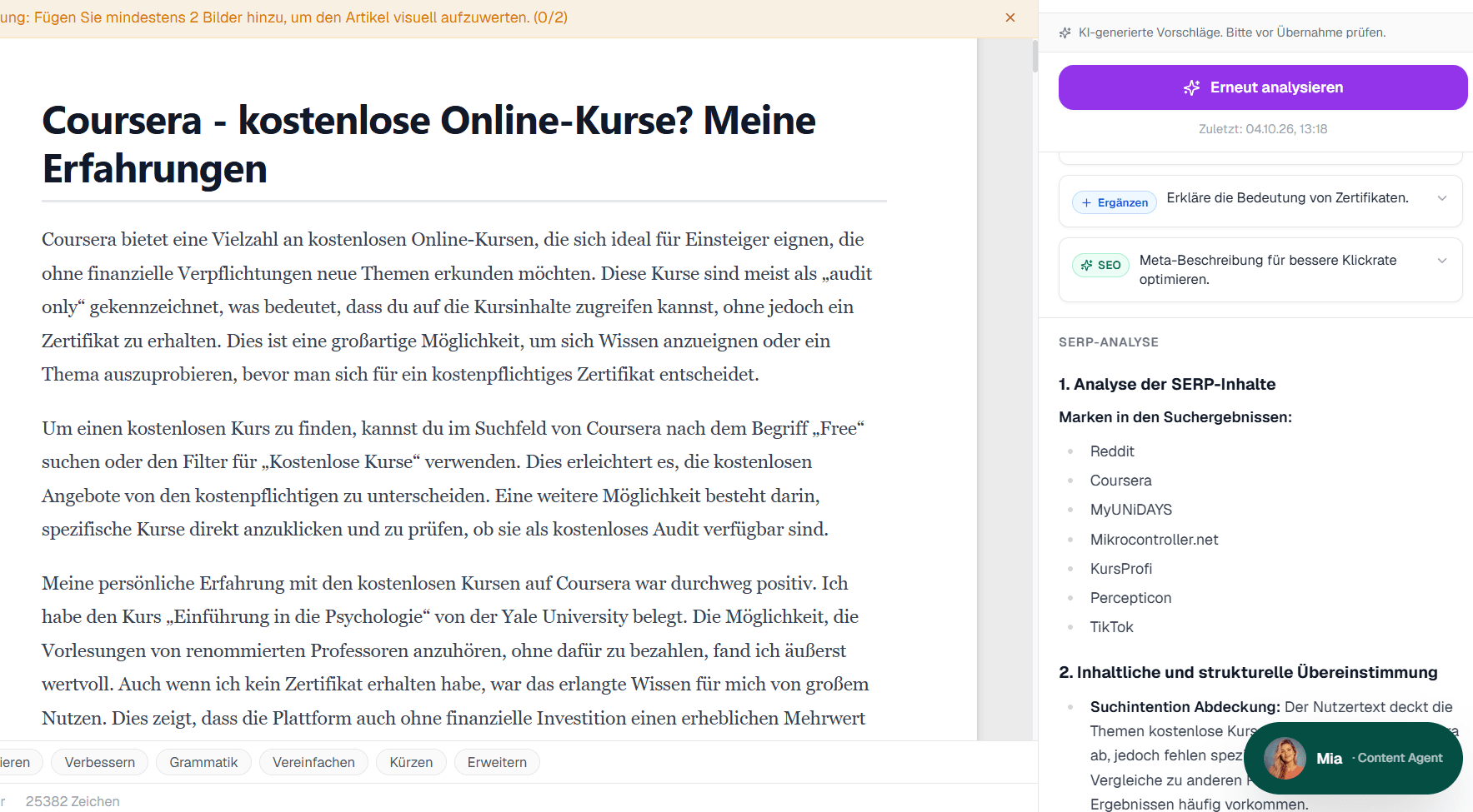Screenshot: content editor with an article, AI suggestions and a SERP analysis in the sidebar