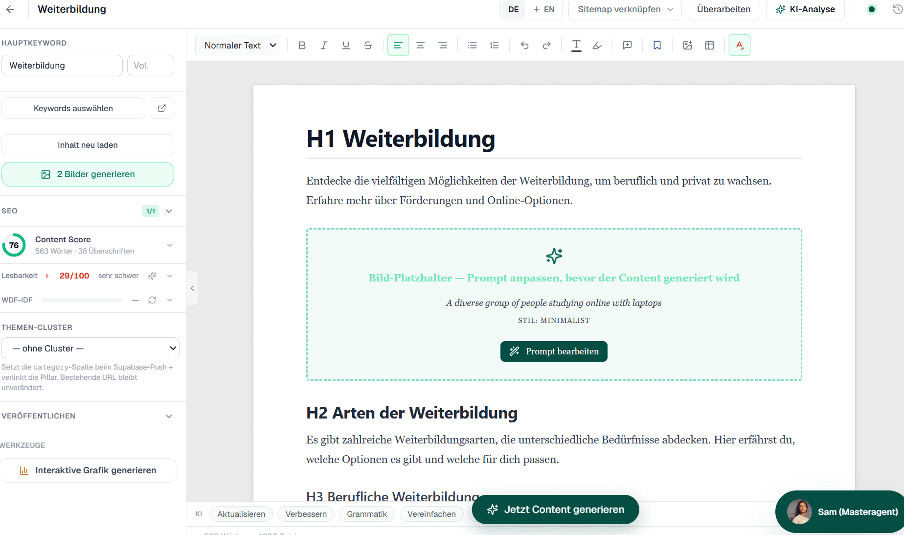 Screenshot: Content-Editor mit Knopf „Jetzt Content generieren" und KI-Werkzeugen