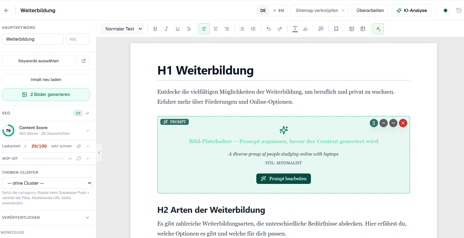 Screenshot: Content-Editor mit Text, Bild-Prompt und SEO-Leiste