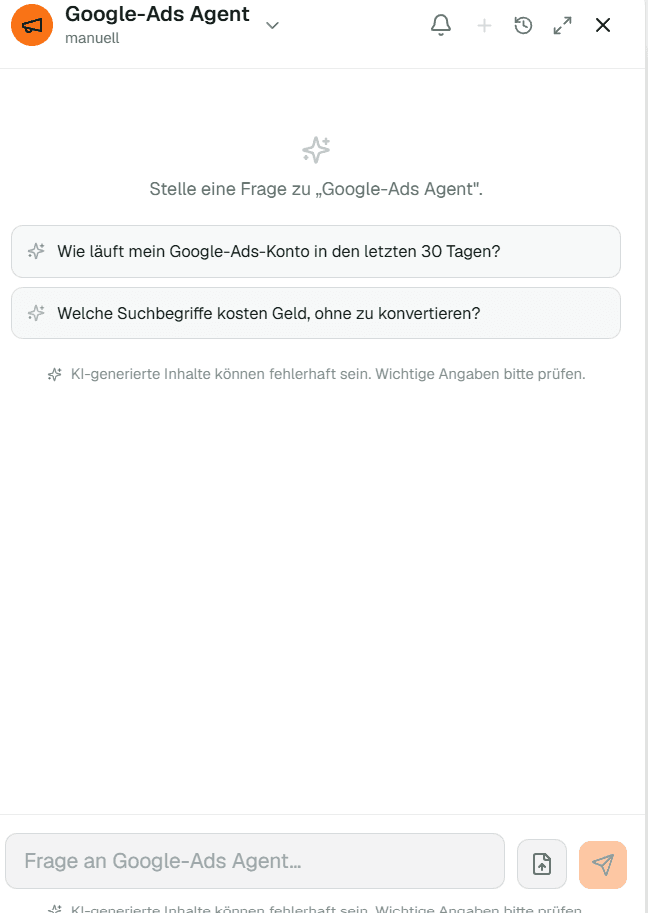 Screenshot: Google-Ads-Agent mit Vorschlägen für die erste Frage