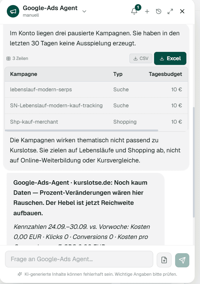 Screenshot: Antwort des Google-Ads-Agents mit Kampagnentabelle, Export als CSV oder Excel und Wochenbericht