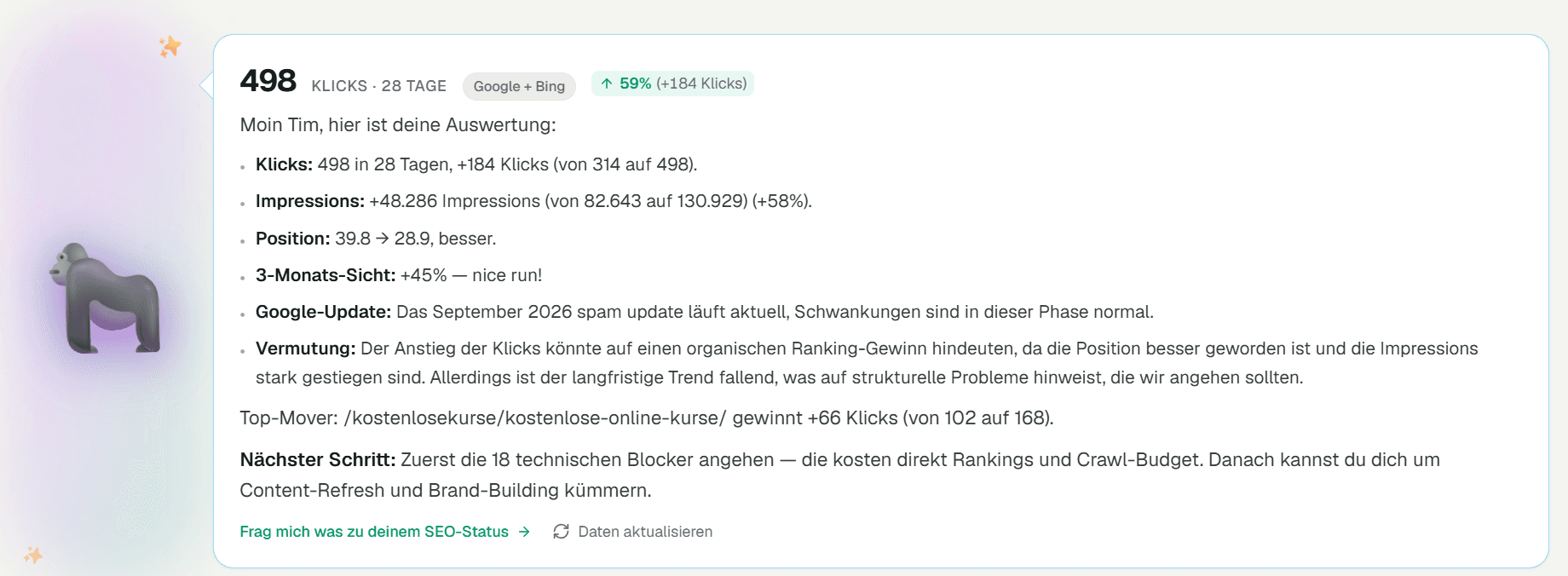Screenshot: SEO-Auswertung im Dashboard